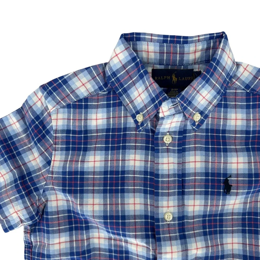 Ralph Lauren Button Down Shirt Kids 3T Blue Plaid Short Sleeve Preppy Classic